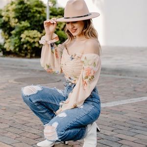 Floral Print Sheer Blouson Sleeve